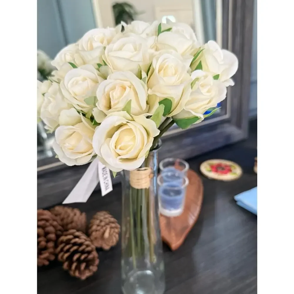 Faux Ivory Rose Bouquet Wedding Centerpiece Farmhouse Decor Floral Arrange